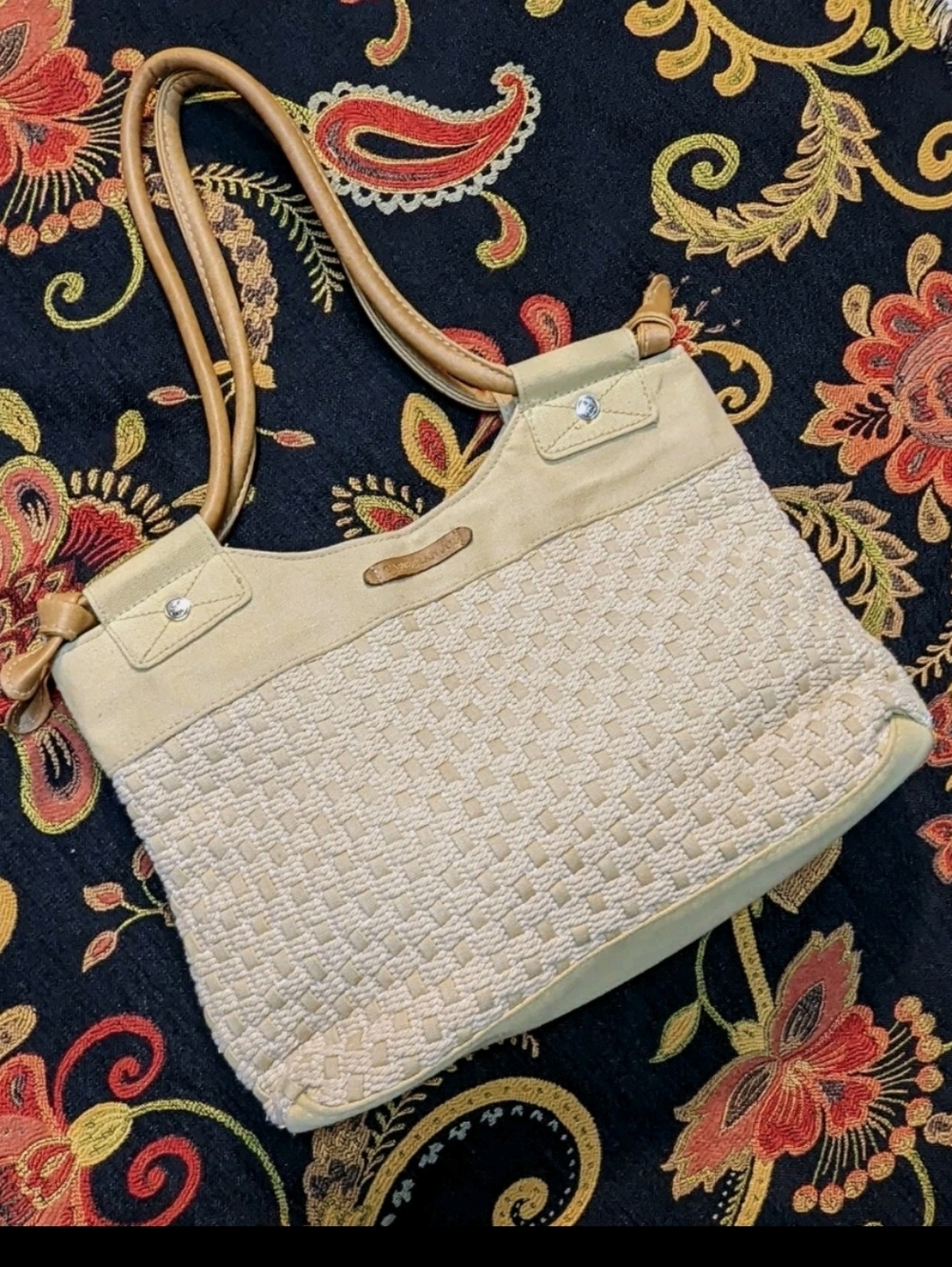 Caribbean Joe Woven Canvas Pattern Leather Handle Tote Bag in Beige and Tan